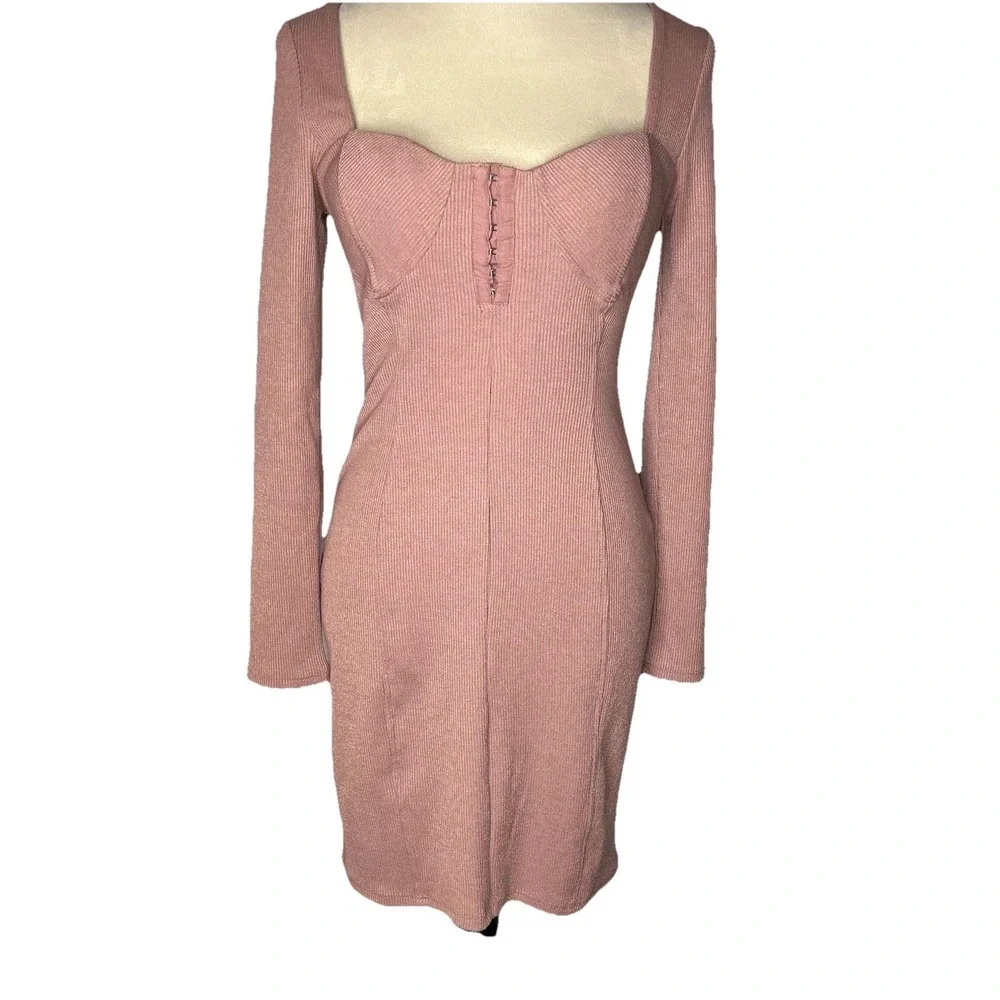 ASTR the Label Hook‎ & Eye Ribbed Knit Stretch Bodycon Mini Dress Blush Pink M